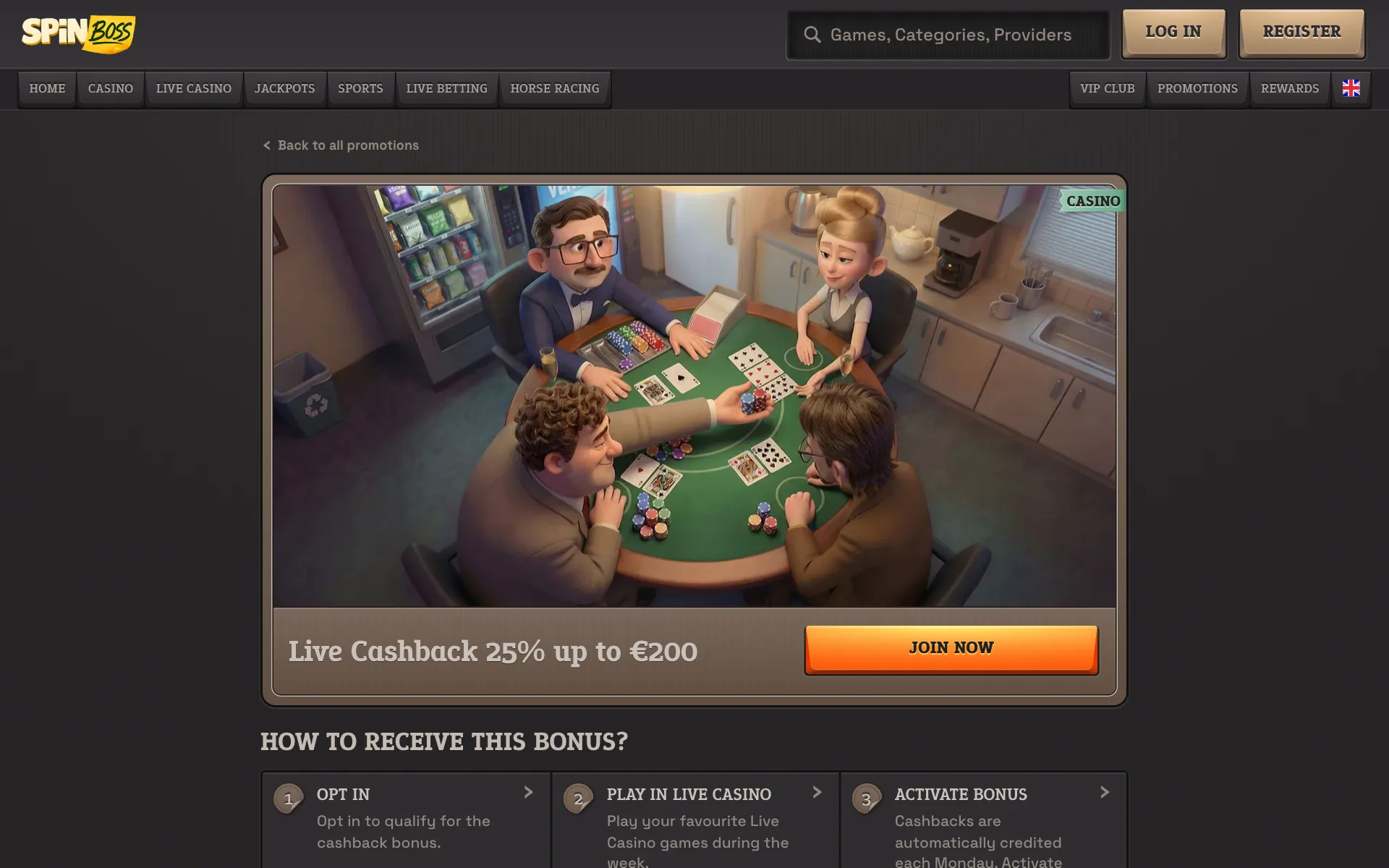 SpinBoss Live Cashback 25% promotion page