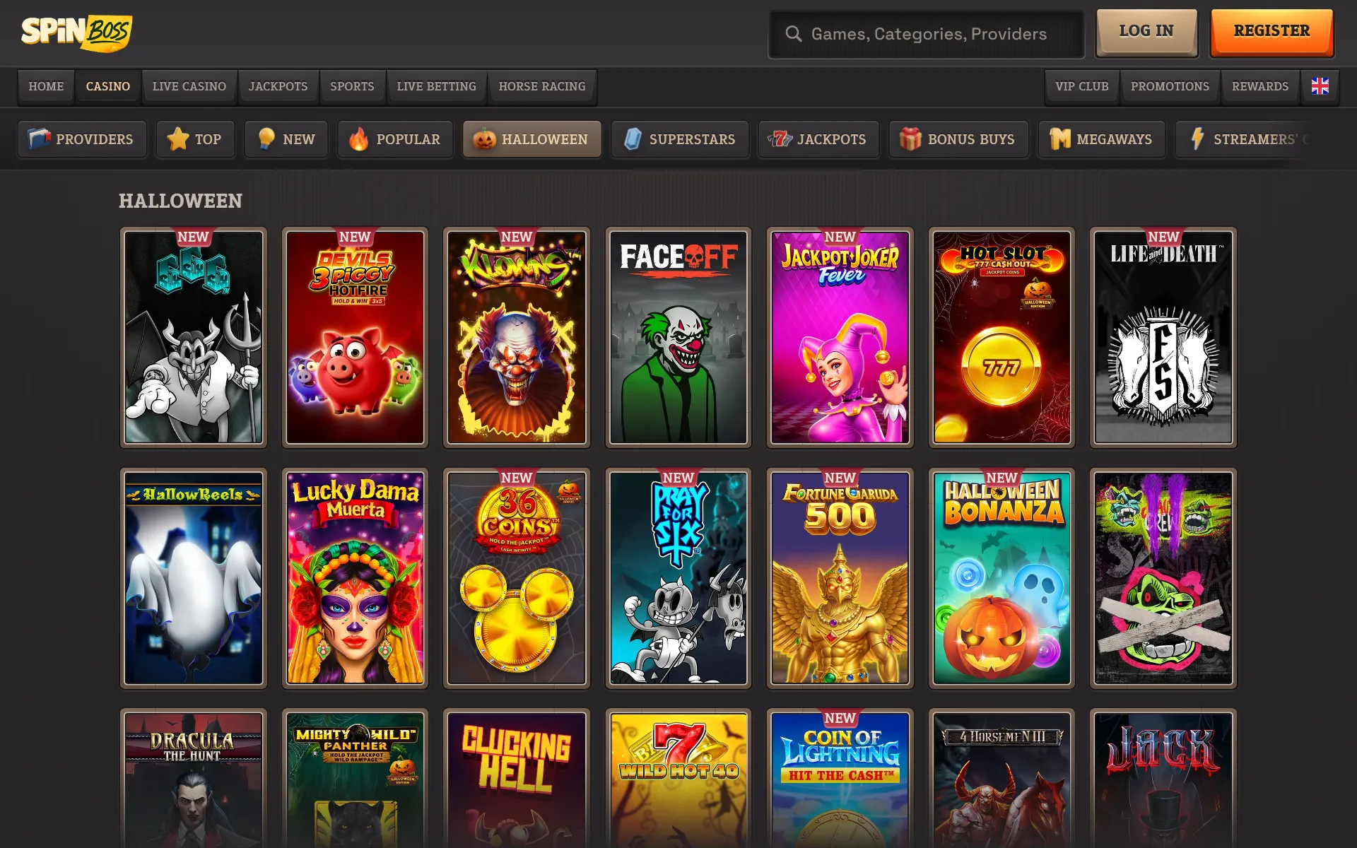 SpinBoss Halloween slots shelf