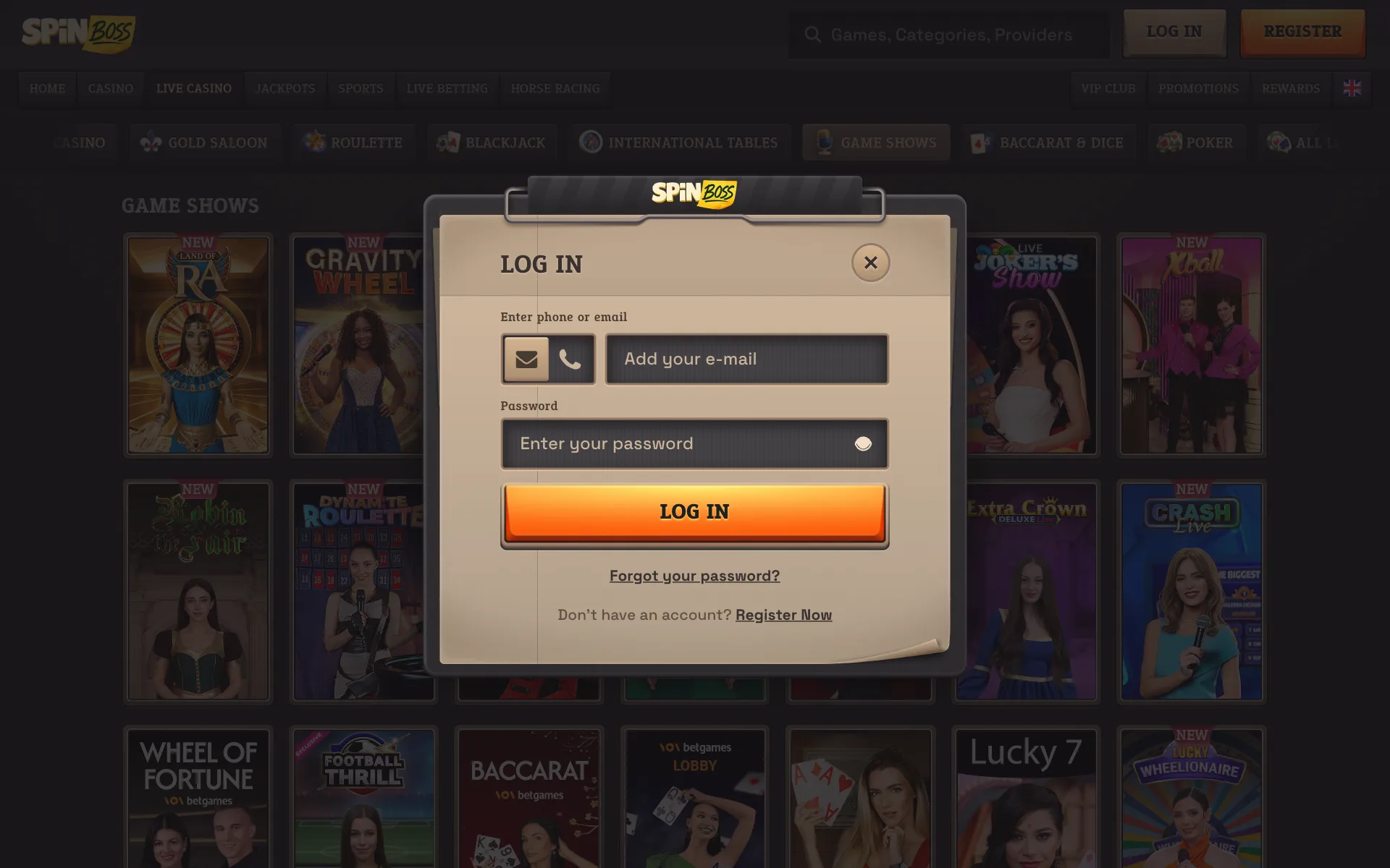 SpinBoss log-in window over the Game Shows lobby